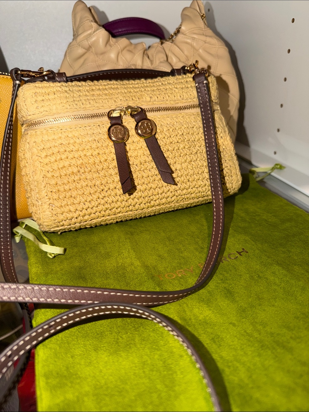 Tory Burch Yellow Woven Straw Crossbody with Brown Trim,In great conditions